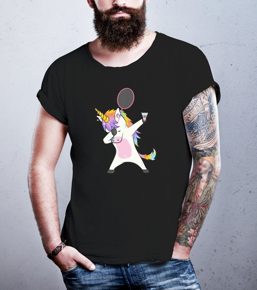Unicorn Dabbing With Badminton Racket And Shuttlecock T-Shirt