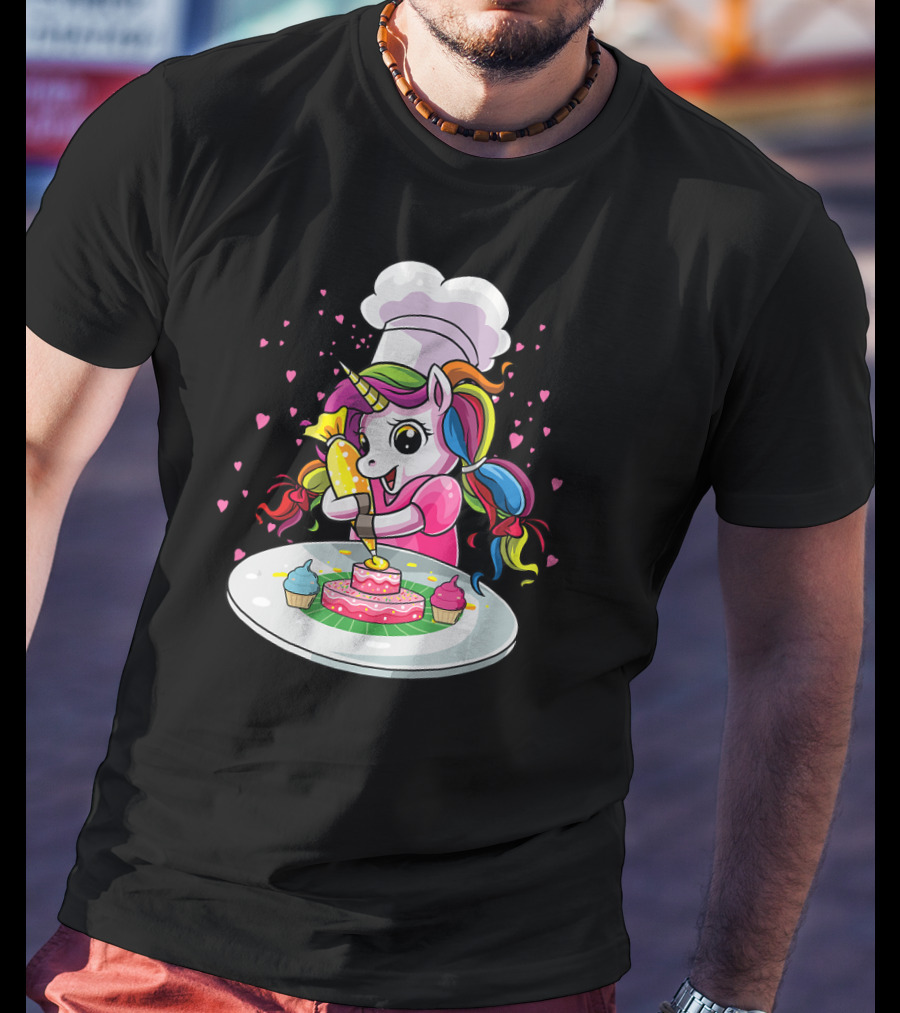 Unicorn Chef Decorating Colorful Cupcakes And Cake T-Shirt