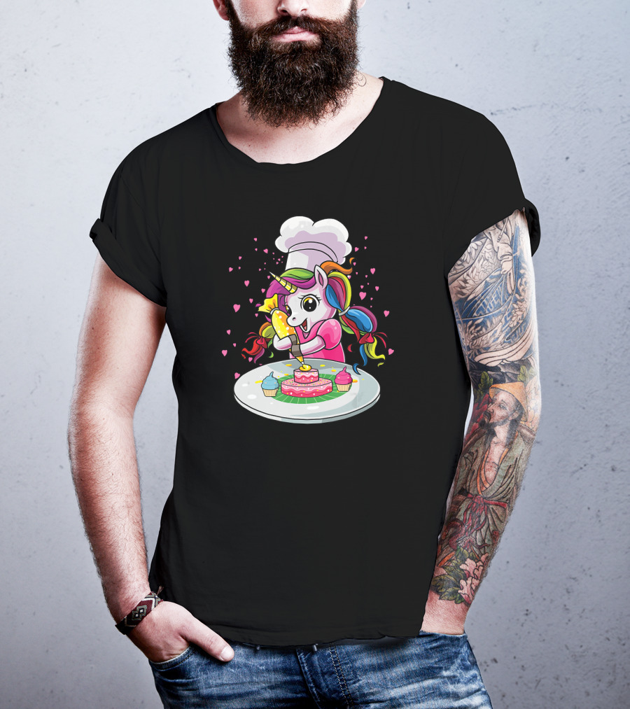 Unicorn Chef Decorating Colorful Cupcakes And Cake T-Shirt