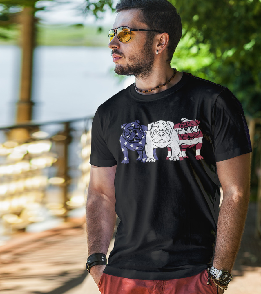 Unique Bulldog Trio American Flag T-Shirt