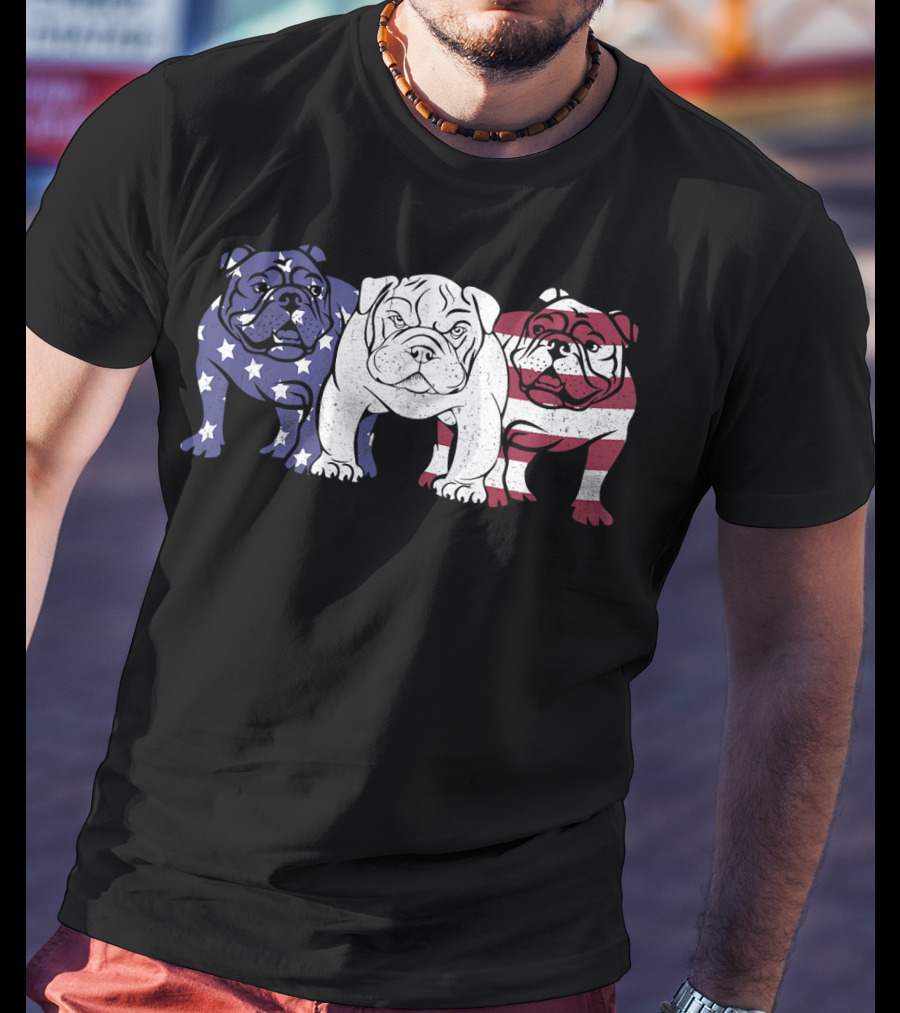 Unique Bulldog Trio American Flag T-Shirt