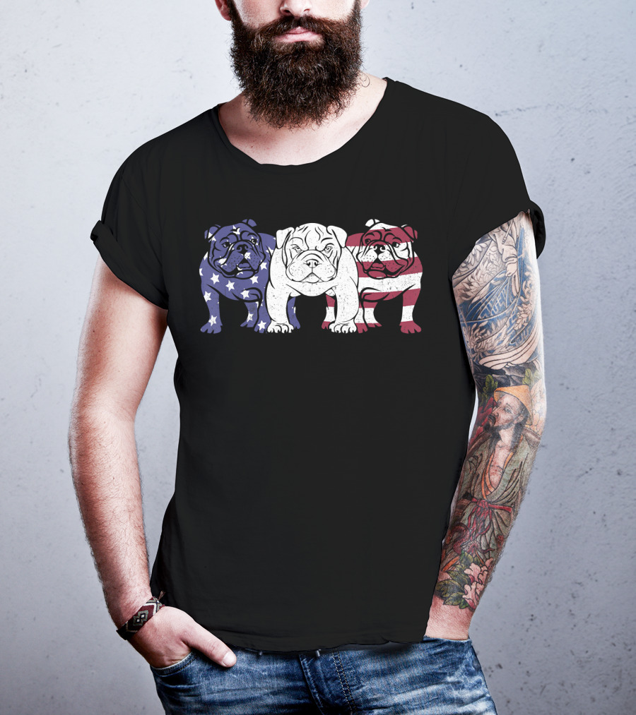 Unique Bulldog Trio American Flag T-Shirt