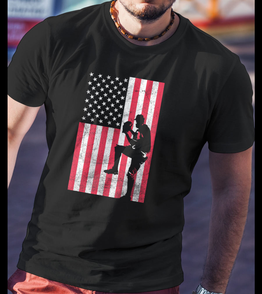 USA American Flag Baseball Pitcher Red White Blue T-Shirt