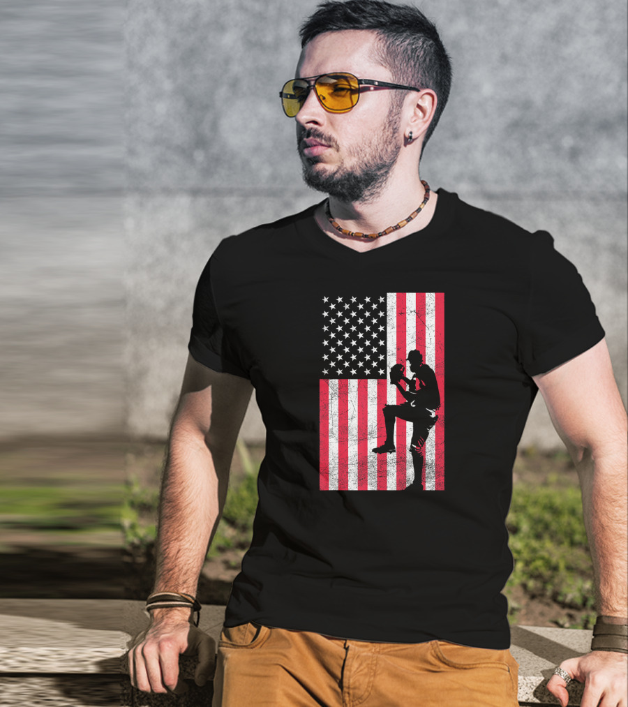 USA American Flag Baseball Pitcher Red White Blue T-Shirt
