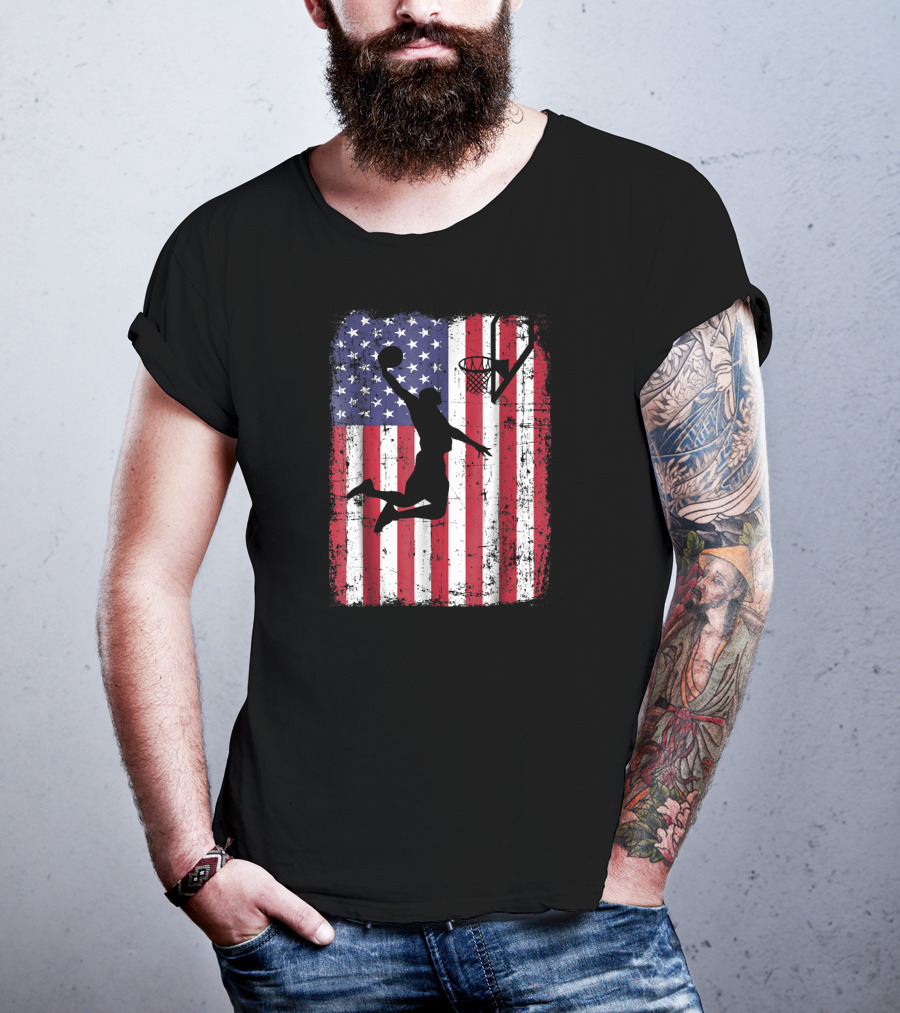 USA American Flag Basketball Dunk T-Shirt