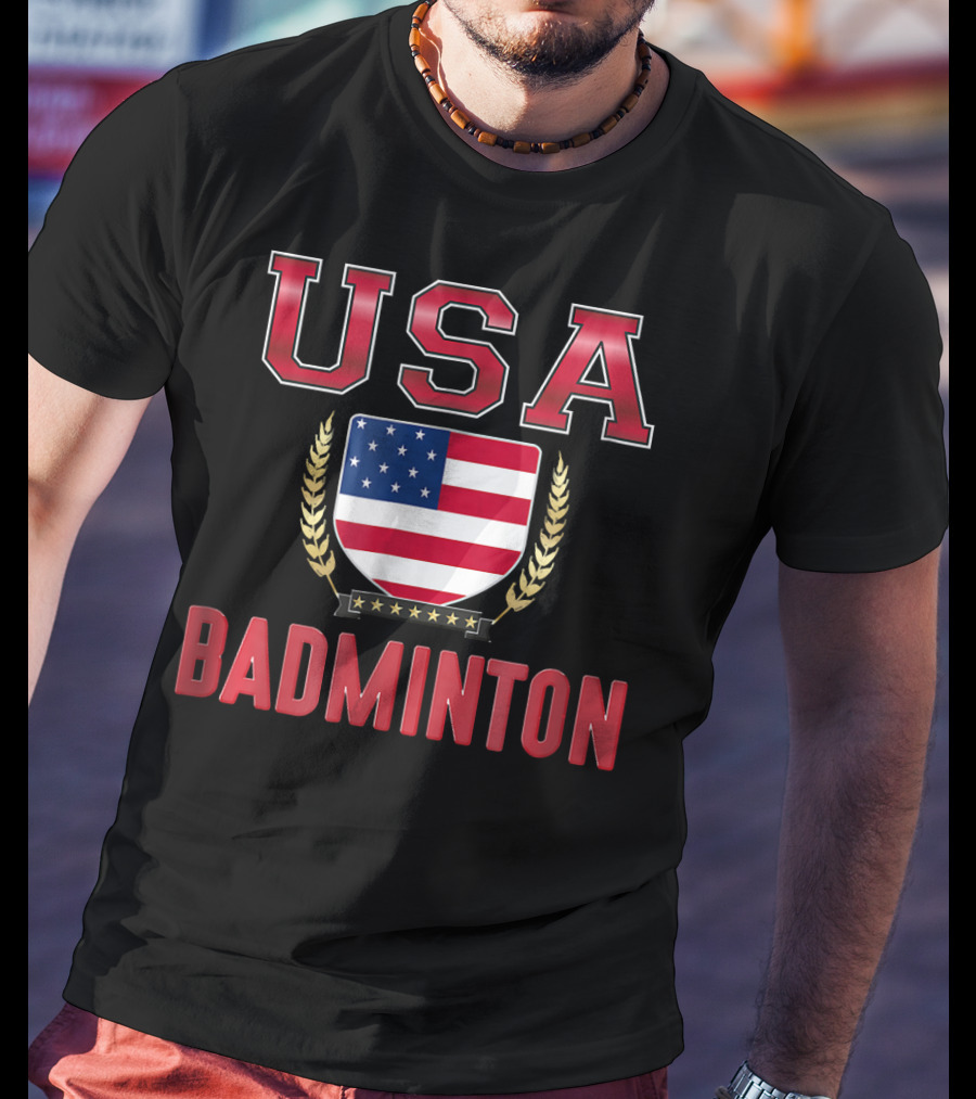 USA Badminton Stars And Stripes Shield Emblem T-Shirt