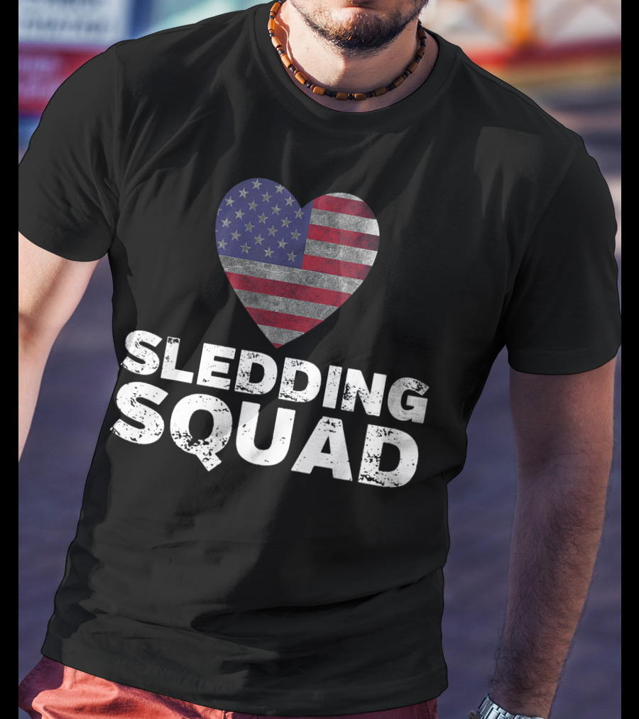 USA Flag Heart Sledding Squad Team T-Shirt