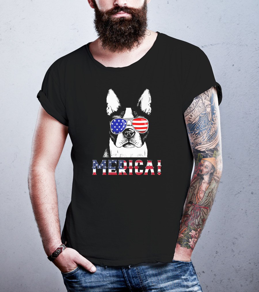 MERICA USA Flag French Bulldog Sunglasses T-Shirt
