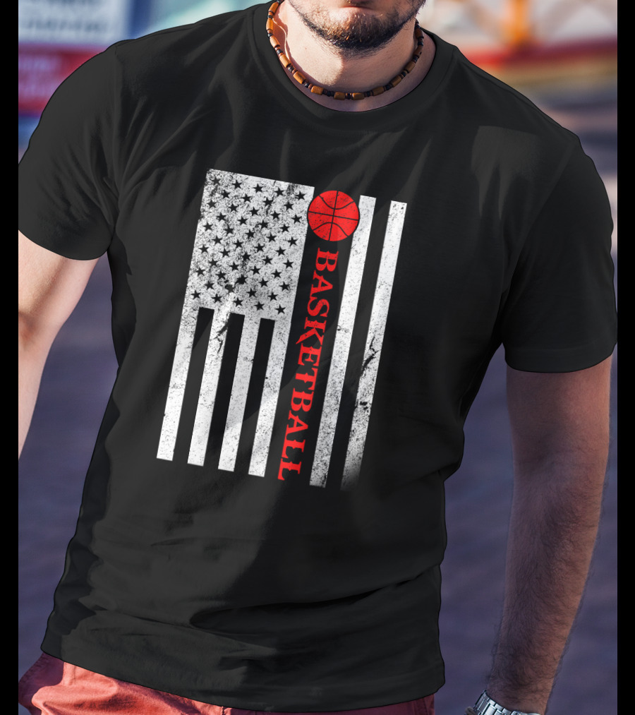 USA Red White Vintage American Flag Basketball T-Shirt