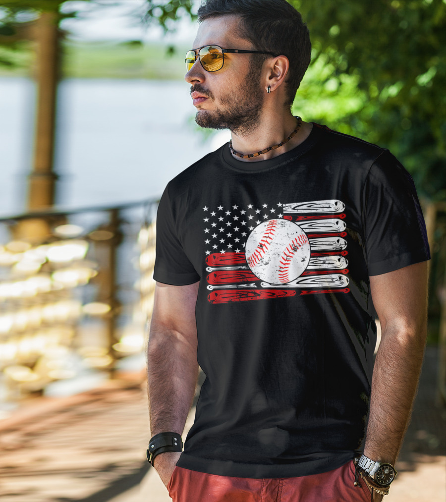 American Flag Vintage Baseball Bat Sports T-Shirt