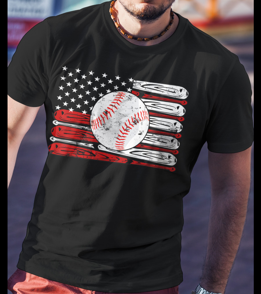 American Flag Vintage Baseball Bat Sports T-Shirt