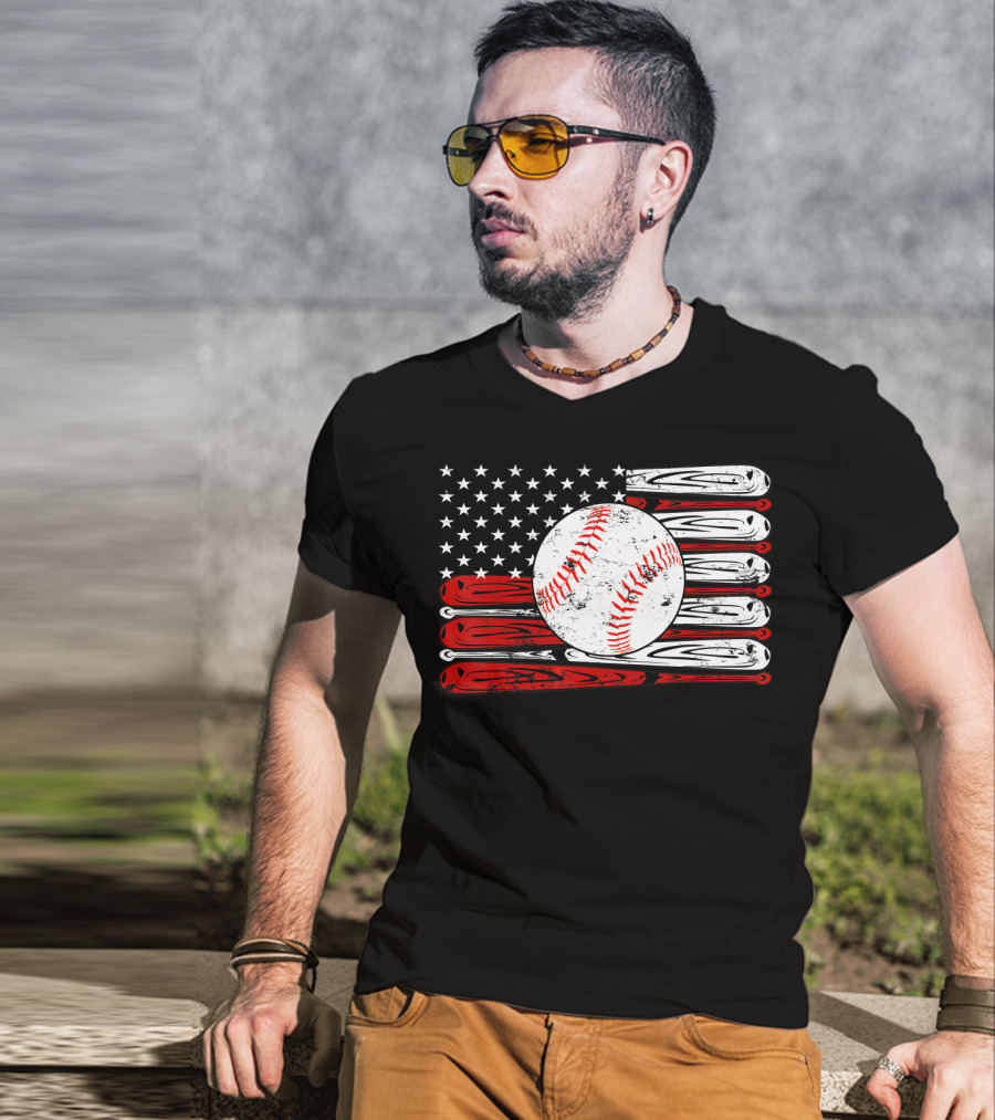 American Flag Vintage Baseball Bat Sports T-Shirt