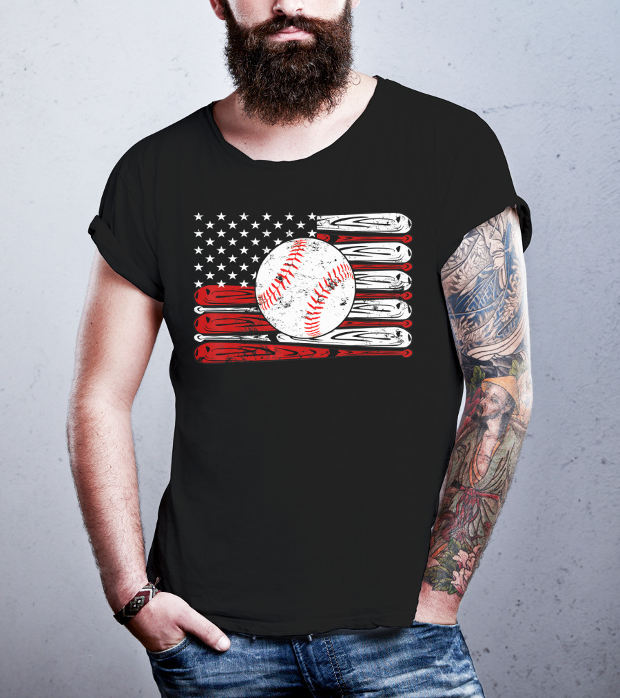 American Flag Vintage Baseball Bat Sports T-Shirt