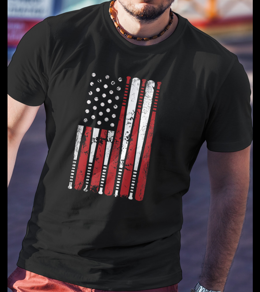 Vintage Baseball Bat Stars And Stripes USA Flag T-Shirt