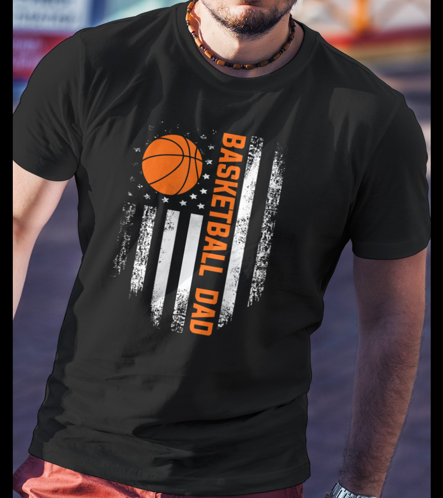 Vintage Basketball Dad American Flag Vertical Stripes And Orange Ball T-Shirt