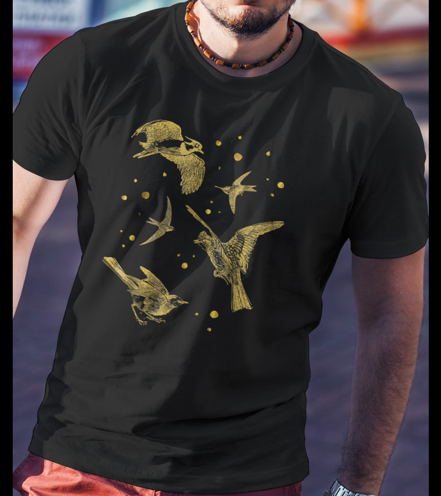 Vintage Flying Birds Humming Sparrow Gold T-Shirt