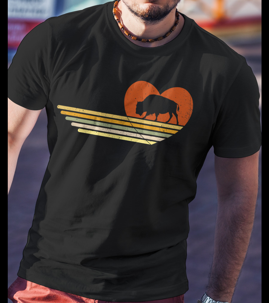 Vintage Bison Heart Retro Sunset Stripes T-Shirt