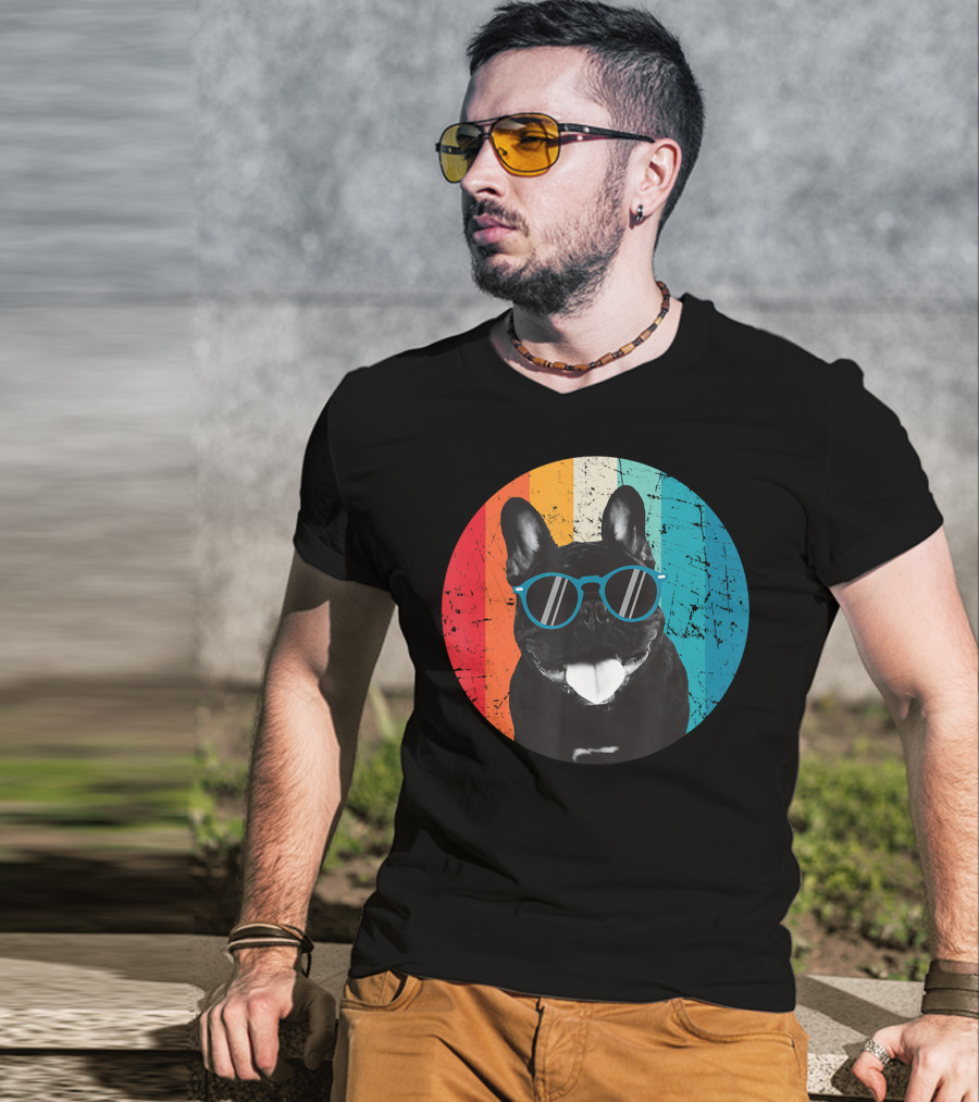 Vintage Dog Lover Sunglasses Retro Stripes T-Shirt