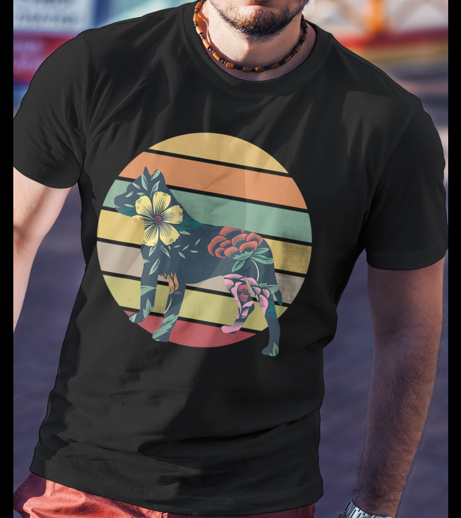 Vintage Floral Pitbull Silhouette Sunset Stripes T-Shirt