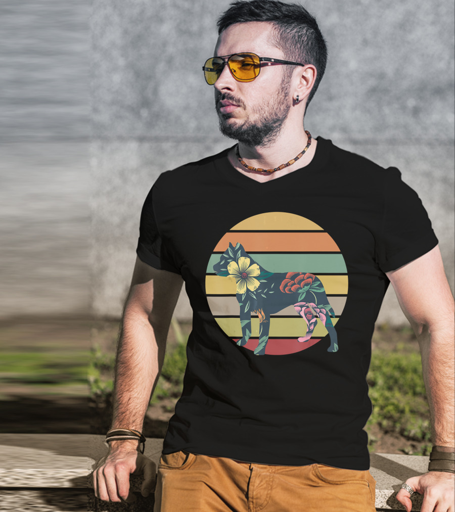 Vintage Floral Pitbull Silhouette Sunset Stripes T-Shirt