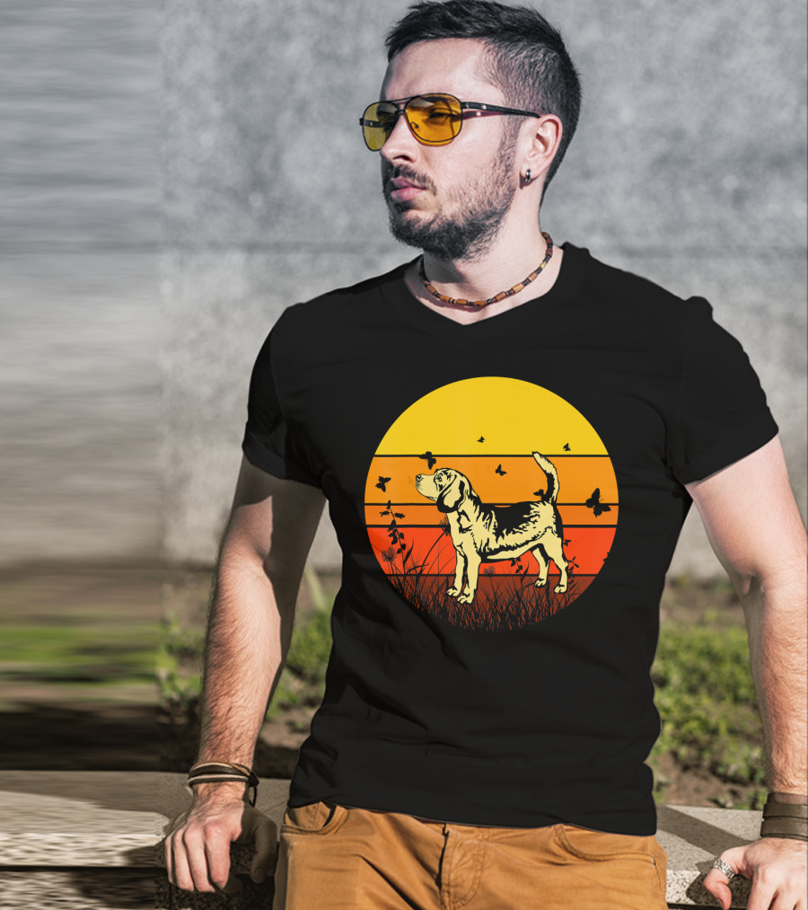Vintage Beagle Sun With Butterflies And Grass T-Shirt