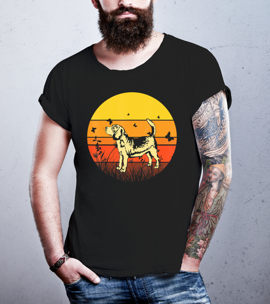 Vintage Beagle Sun With Butterflies And Grass T-Shirt
