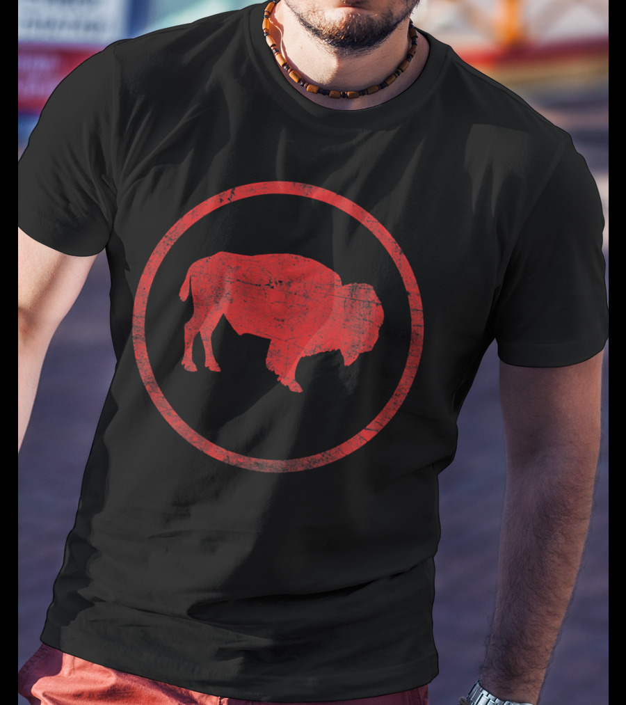 Vintage Distressed Red Bison American Buffalo Circle Emblem T-Shirt