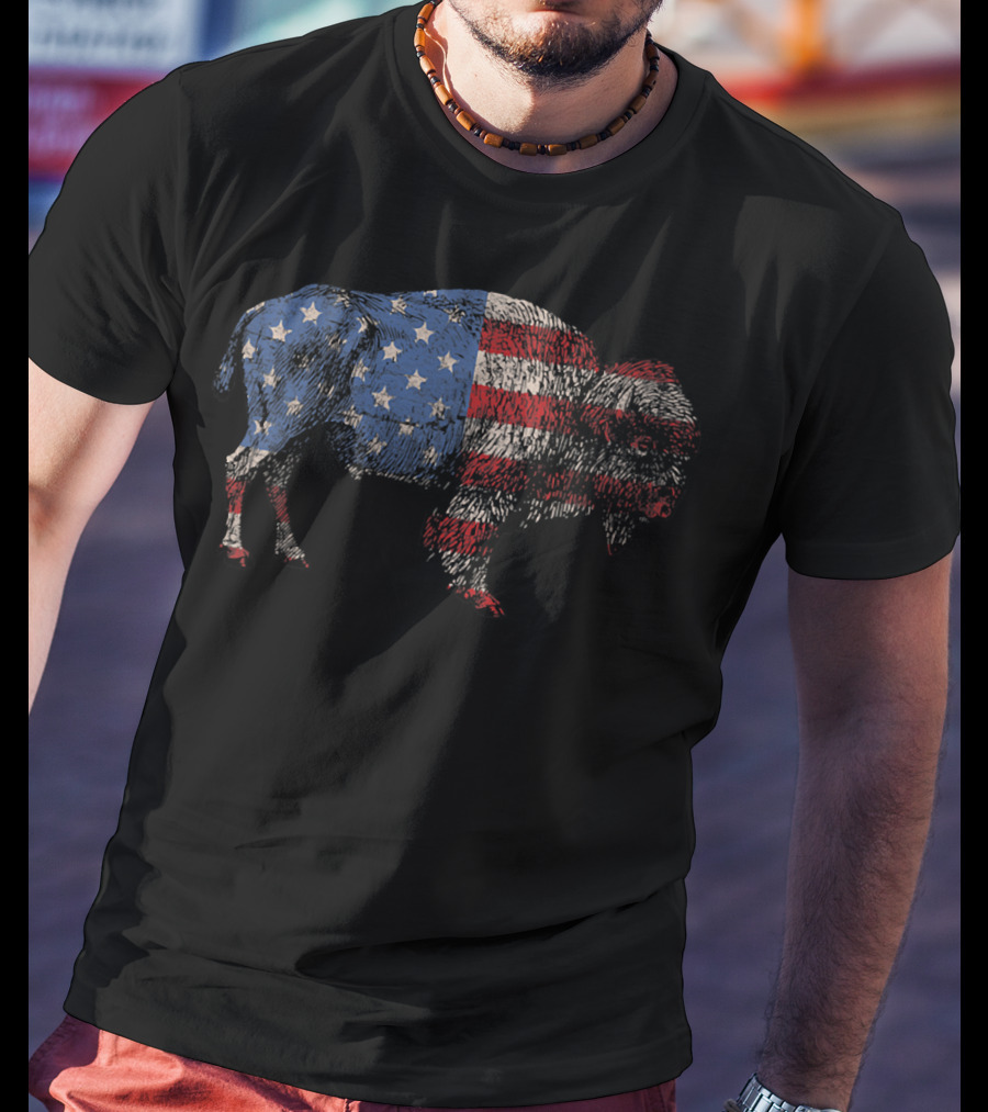 Vintage American Flag Bison Buffalo Patriotic T-Shirt