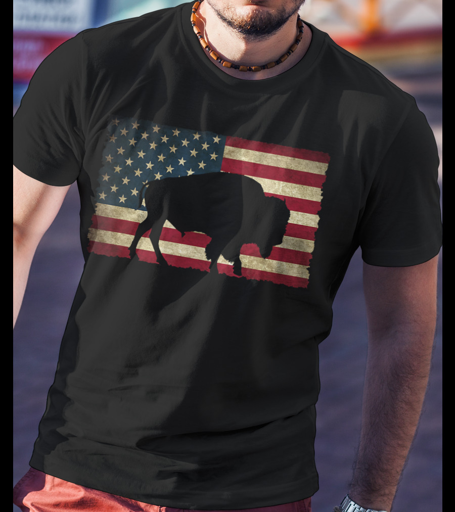 Vintage Buffalo Silhouette Over American Flag USA T-Shirt