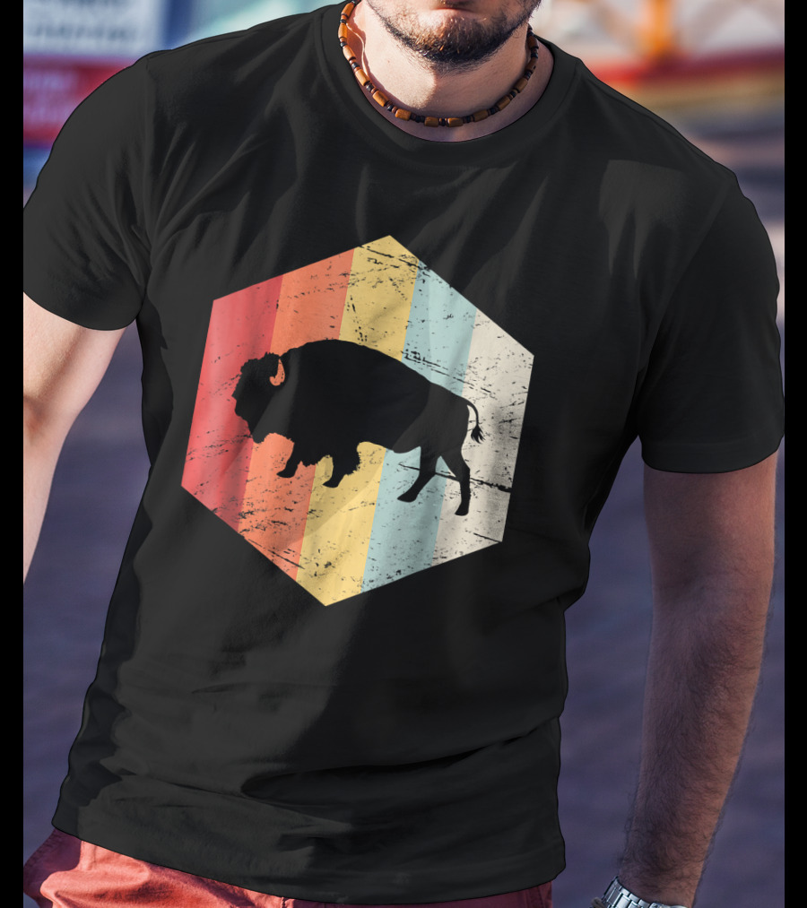 Vintage Buffalo Silhouette Retro Stripes Hexagon T-Shirt