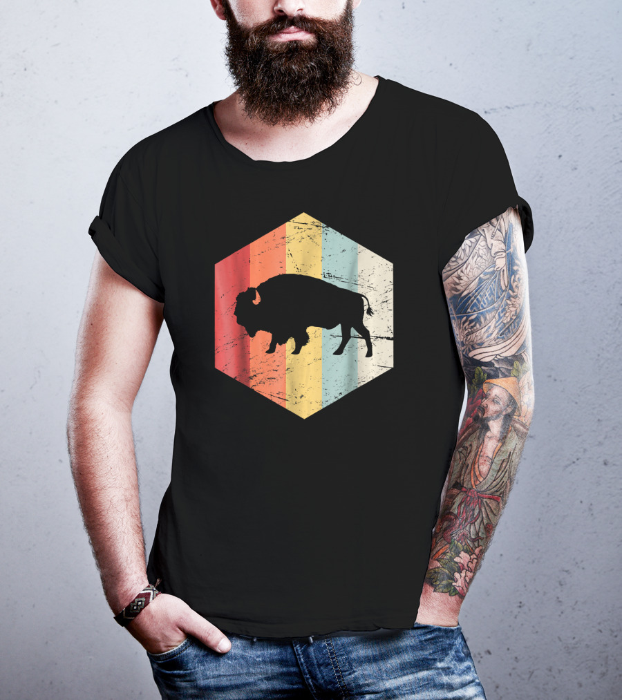 Vintage Buffalo Silhouette Retro Stripes Hexagon T-Shirt