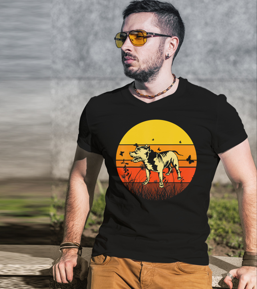 Vintage Pitbull Sun Animal With Butterflies And Birds T-Shirt