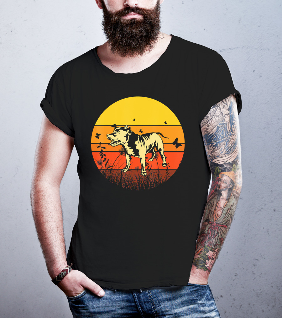 Vintage Pitbull Sun Animal With Butterflies And Birds T-Shirt