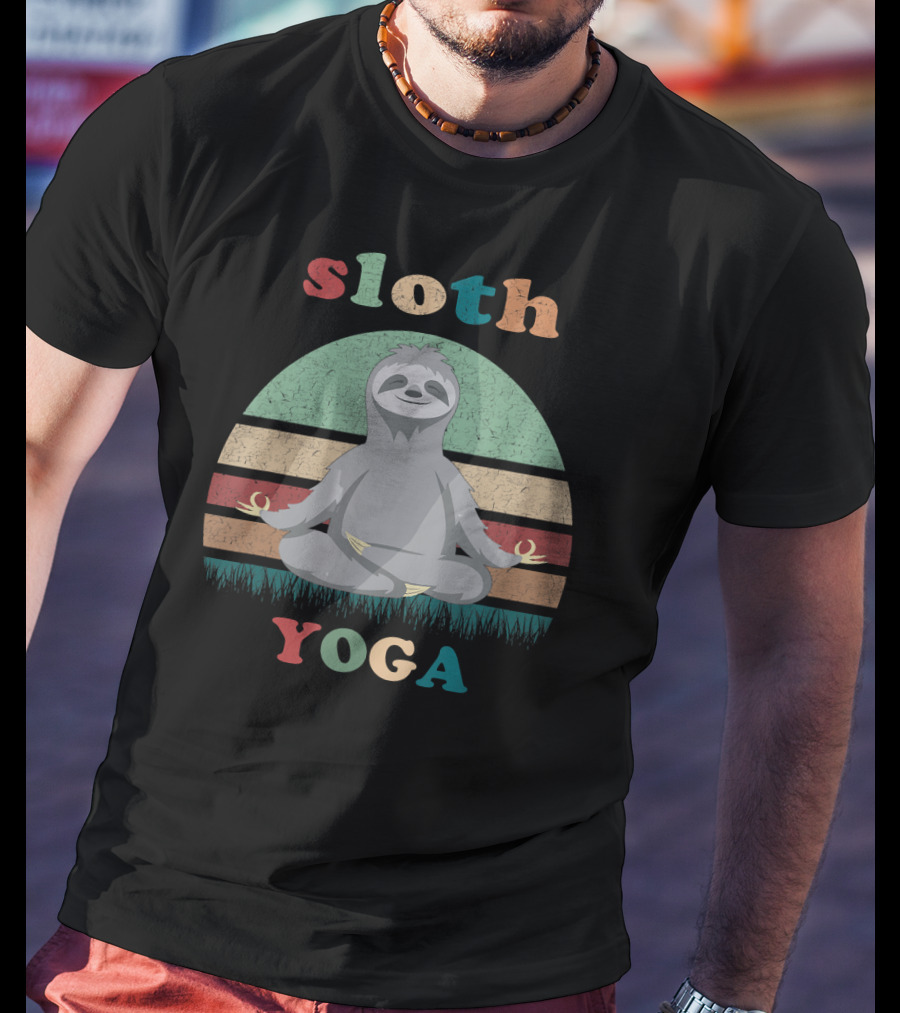 Sloth Yoga Vintage Retro Stripes Meditation Pose T-Shirt