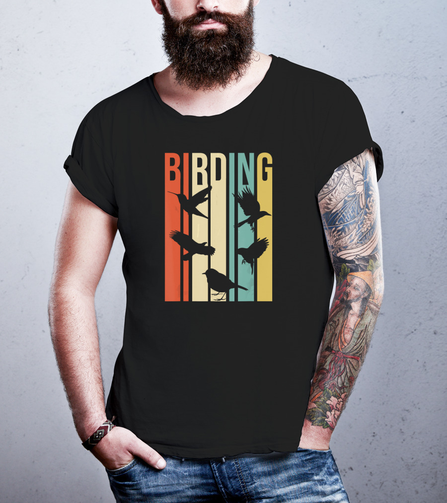 Vintage Style Birding For Birders With Bird Silhouettes On Colorful Stripes T-Shirt