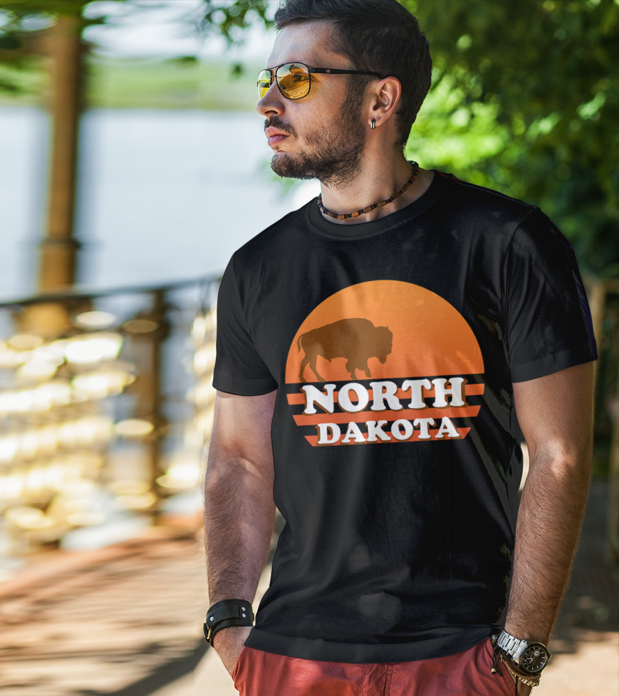 Vintage Sunset North Dakota 70s 80s Retro Buffalo T-Shirt
