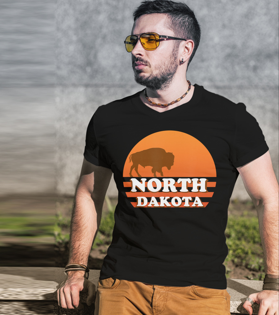 Vintage Sunset North Dakota 70s 80s Retro Buffalo T-Shirt