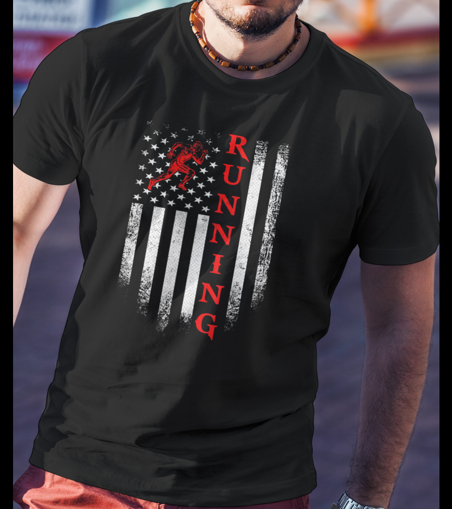 Vintage USA Running American Flag Stars Stripes Funny Pat T-Shirt