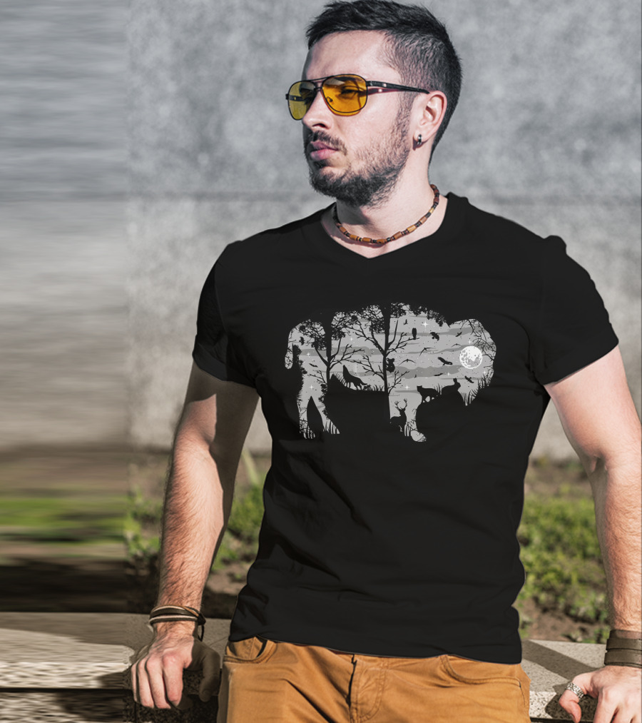 Wild Bison American Buffalo Wilderness Moonlit Forest Scene T-Shirt