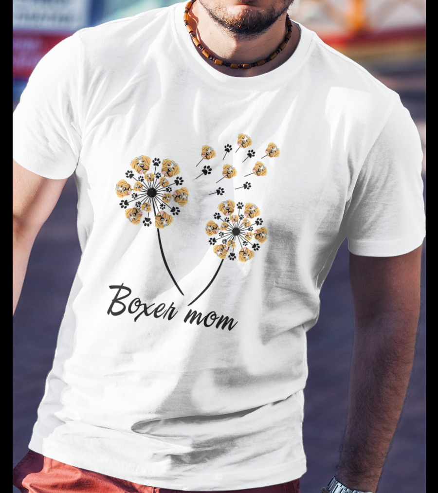 Boxer Mom Dandelion Paw Print Dog Faces T-Shirt