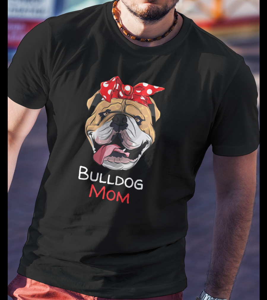 Bulldog Mom Funny English Bulldog With Red Polka Dot Bow T-Shirt