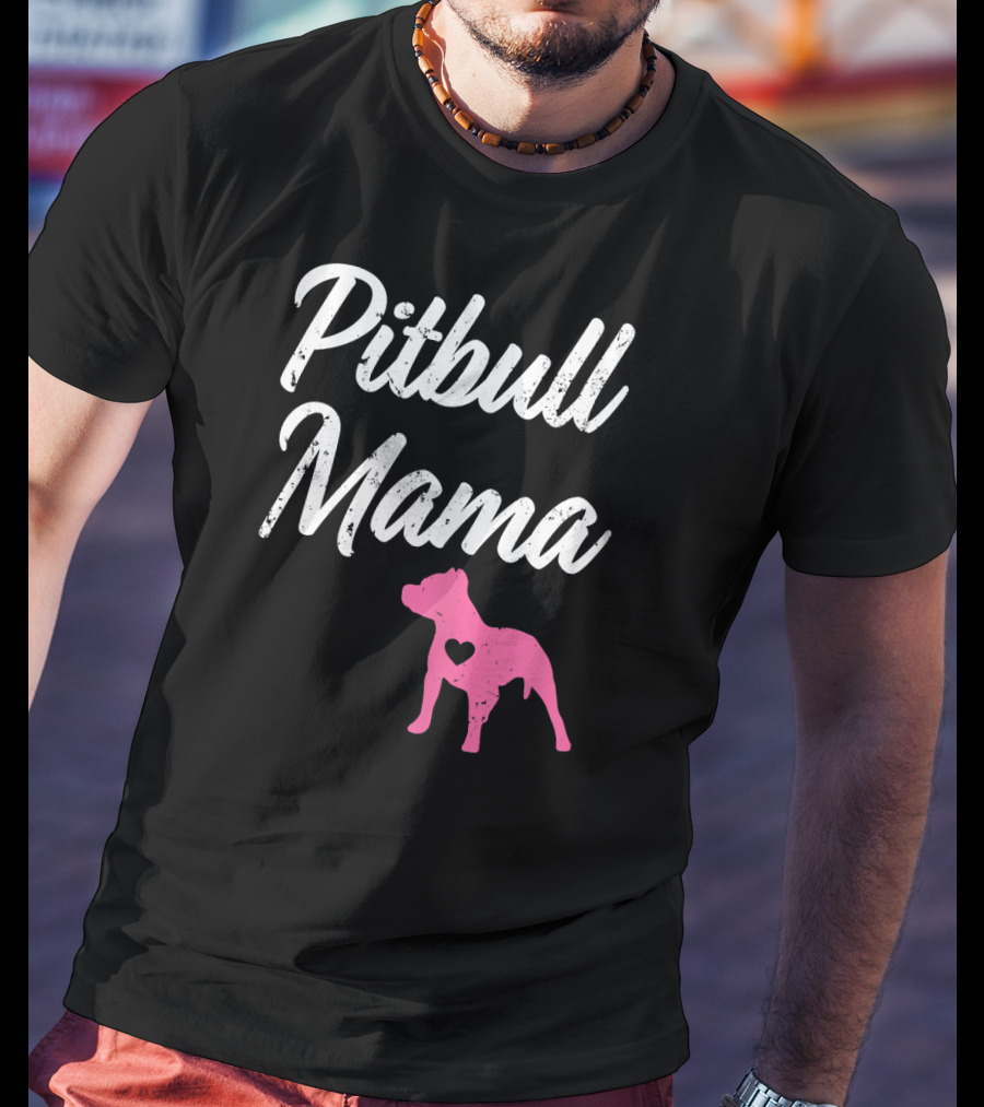 Pitbull Mama Funny Womens Pit With Pink Heart Dog T-Shirt