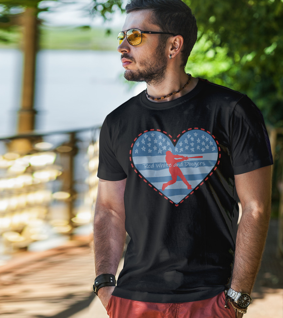 Red White And Dingers Primitive Patriotic American Baseball T-Shirt