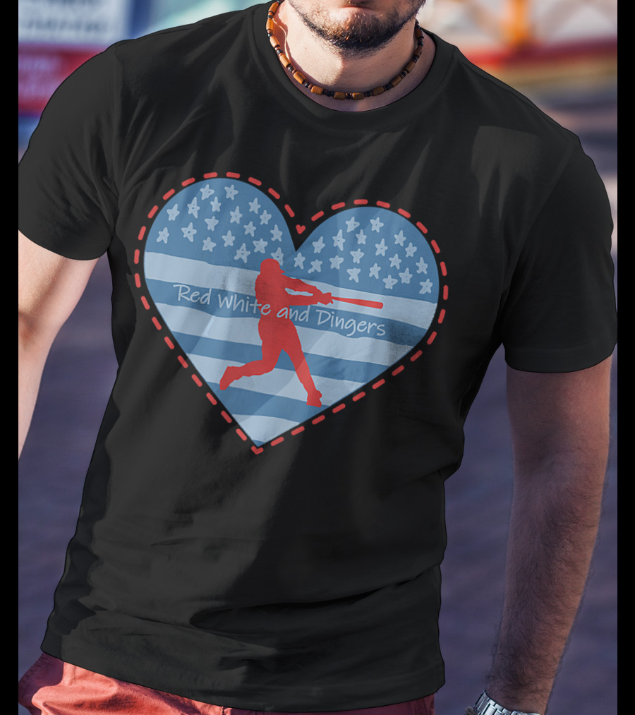 Red White And Dingers Primitive Patriotic American Baseball T-Shirt