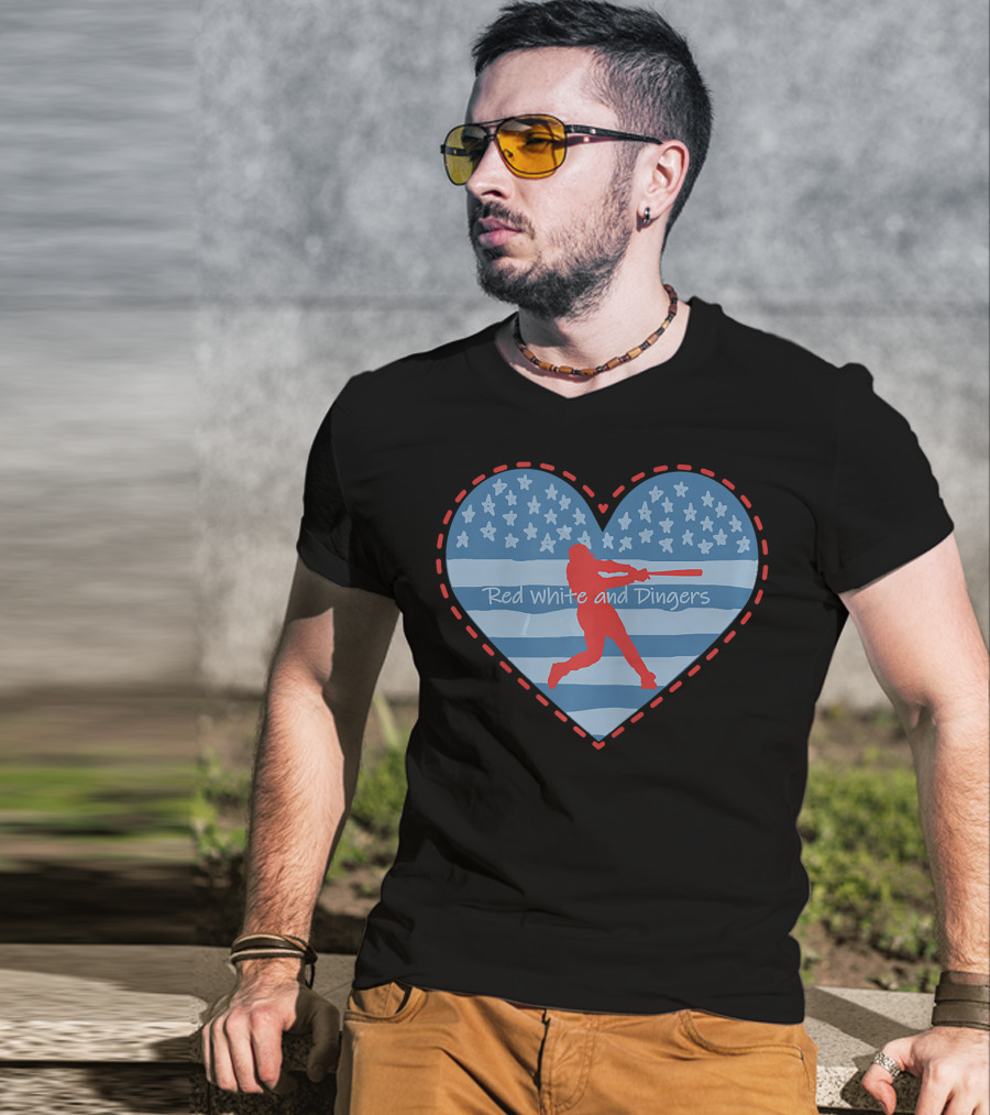 Red White And Dingers Primitive Patriotic American Baseball T-Shirt