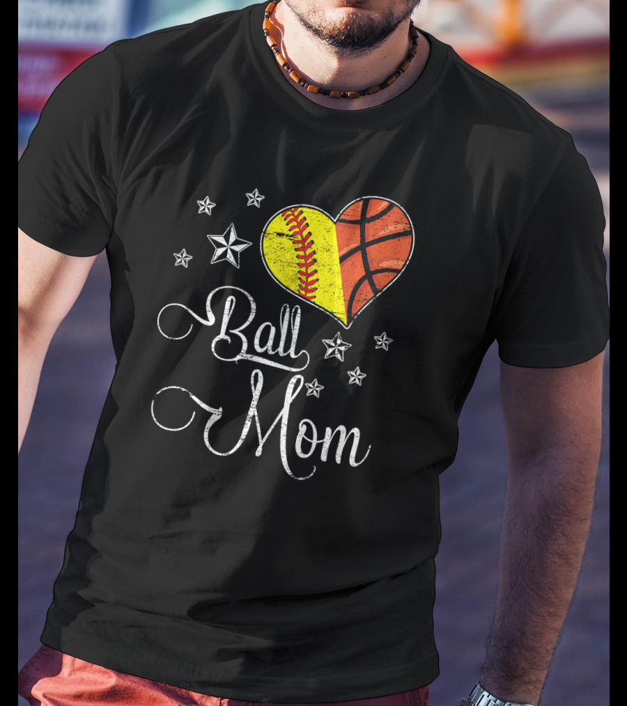 Proud Softball Basketball Ball Mom Star Heart T-Shirt