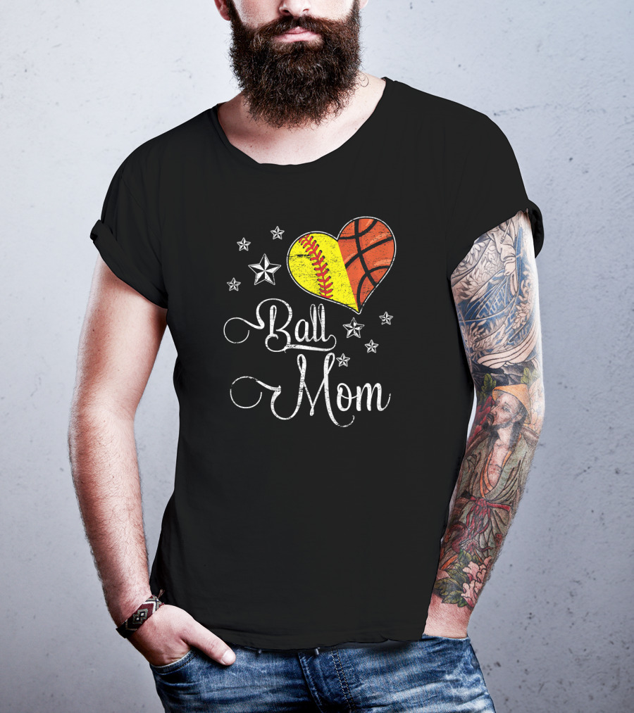 Proud Softball Basketball Ball Mom Star Heart T-Shirt