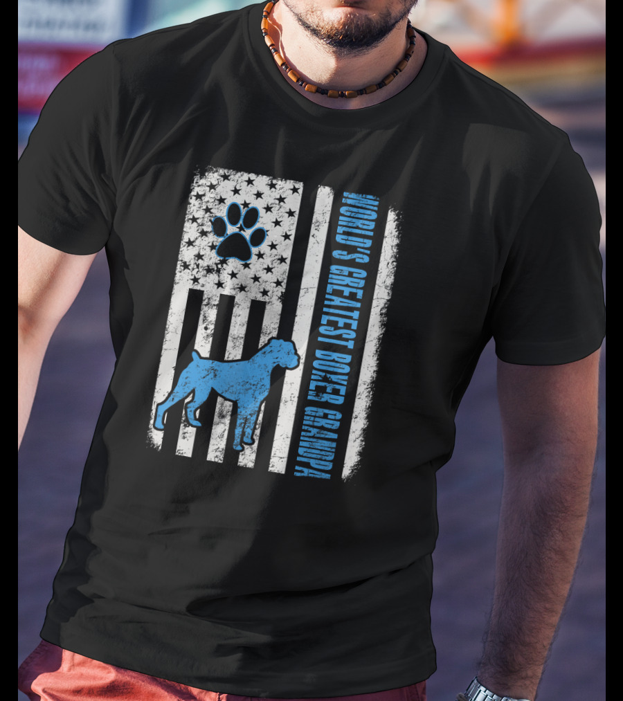 World's Greatest Boxer Grandpa American Flag Dog Paw Prints T-Shirt
