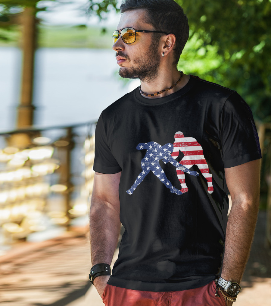 Wrestling Dual Silhouette With US Flag Stars And Stripes For Fourth Of July T-Shirt