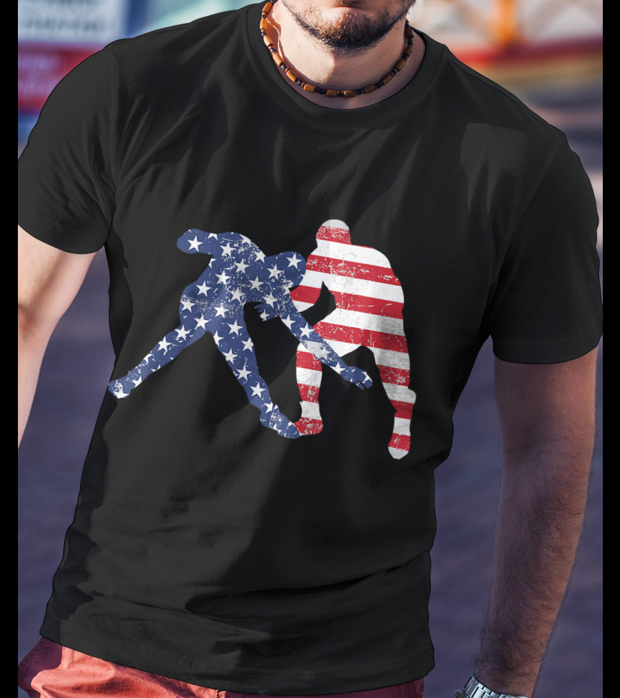 Wrestling Dual Silhouette With US Flag Stars And Stripes For Fourth Of July T-Shirt
